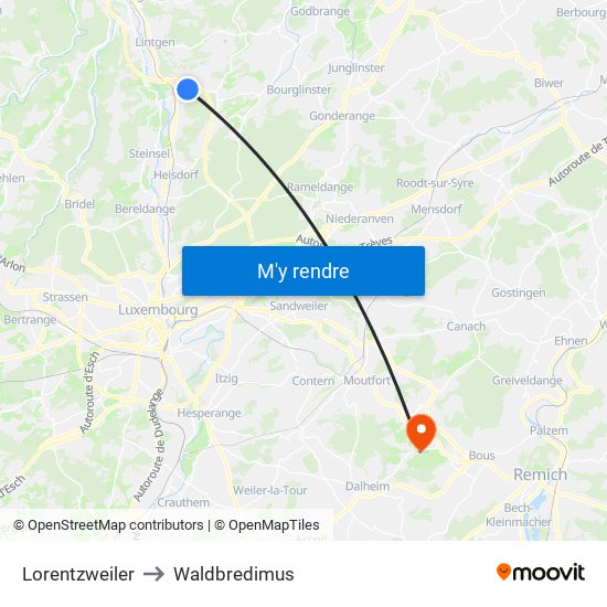 Lorentzweiler to Waldbredimus map