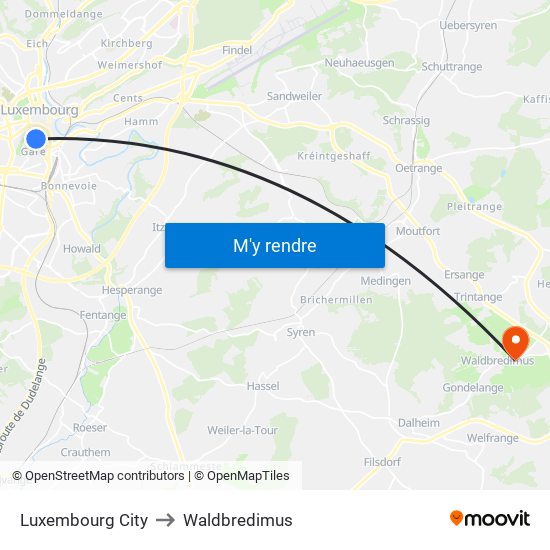 Luxembourg City to Waldbredimus map