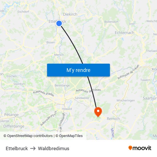 Ettelbruck to Waldbredimus map