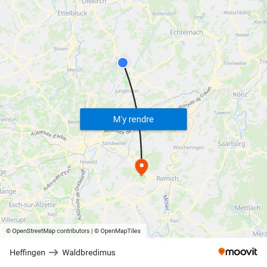 Heffingen to Waldbredimus map