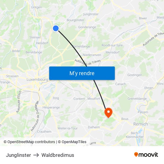 Junglinster to Waldbredimus map