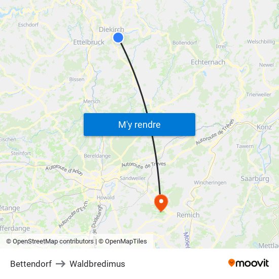 Bettendorf to Waldbredimus map