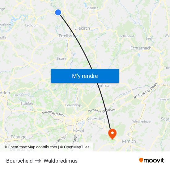 Bourscheid to Waldbredimus map