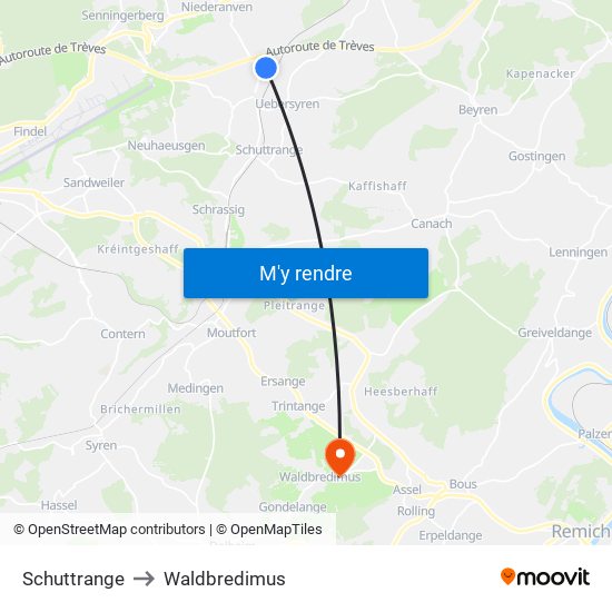 Schuttrange to Waldbredimus map