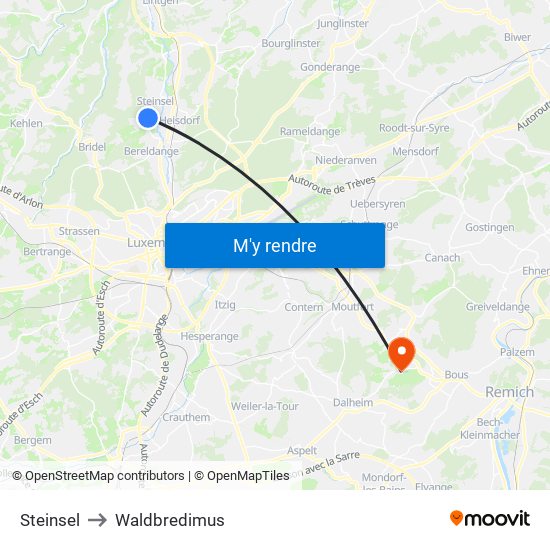 Steinsel to Waldbredimus map