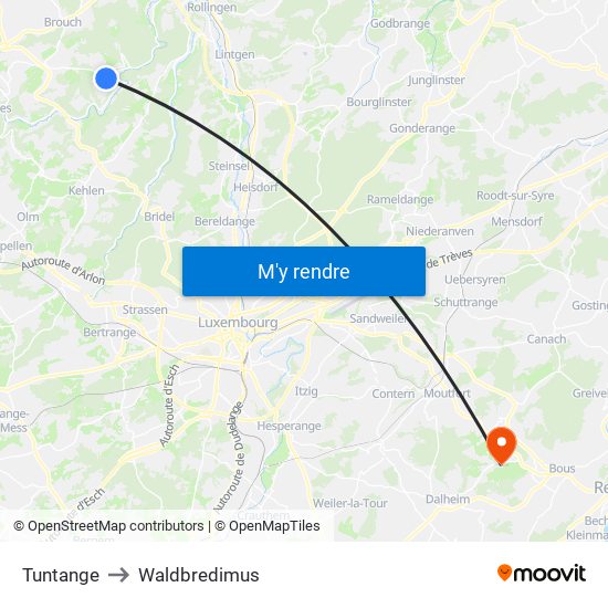 Tuntange to Waldbredimus map