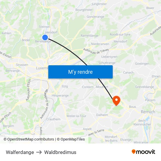 Walferdange to Waldbredimus map