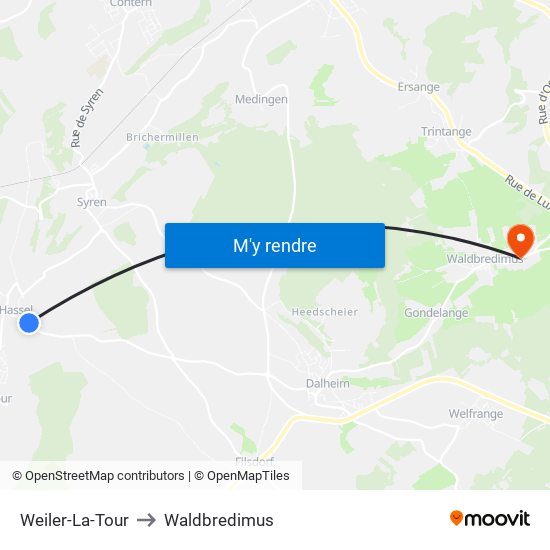 Weiler-La-Tour to Waldbredimus map