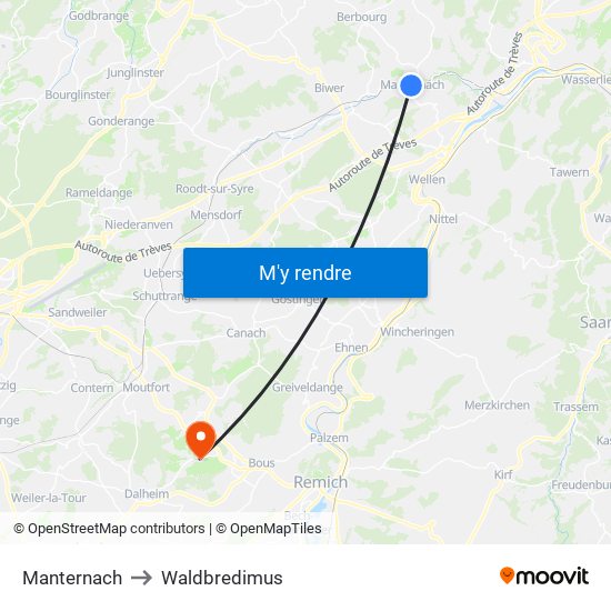 Manternach to Waldbredimus map