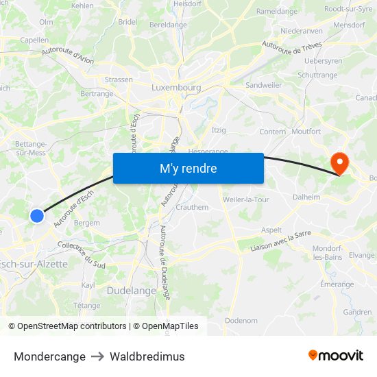 Mondercange to Waldbredimus map
