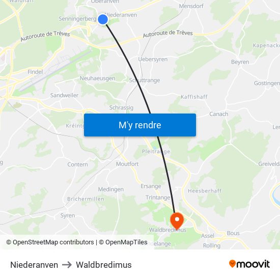 Niederanven to Waldbredimus map