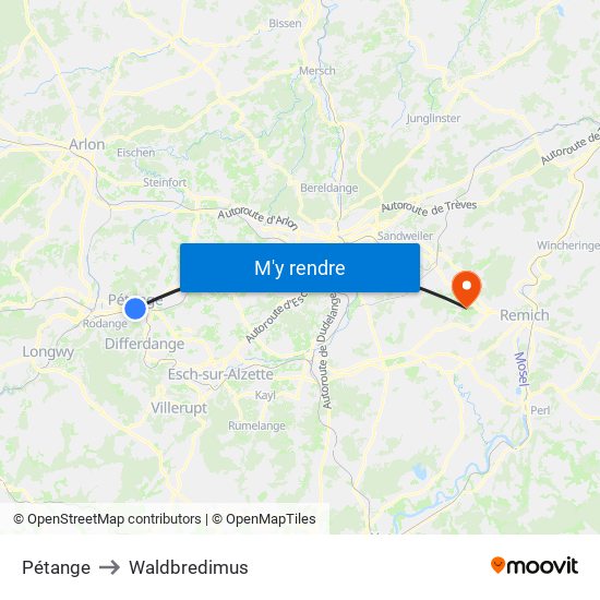 Pétange to Waldbredimus map
