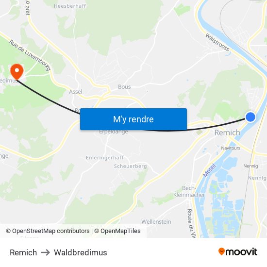 Remich to Waldbredimus map