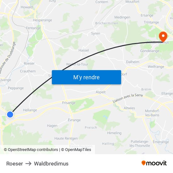 Roeser to Waldbredimus map