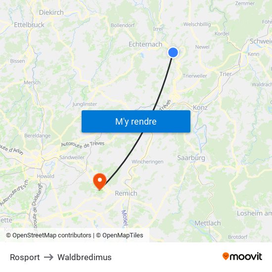 Rosport to Waldbredimus map