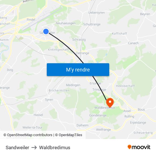 Sandweiler to Waldbredimus map