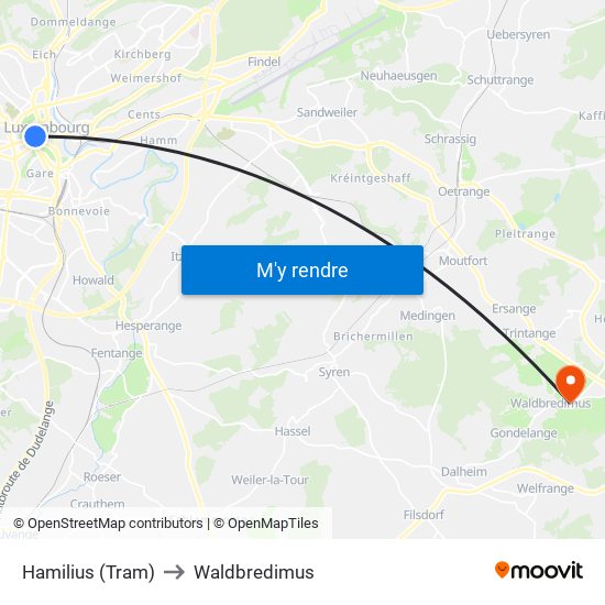 Hamilius (Tram) to Waldbredimus map