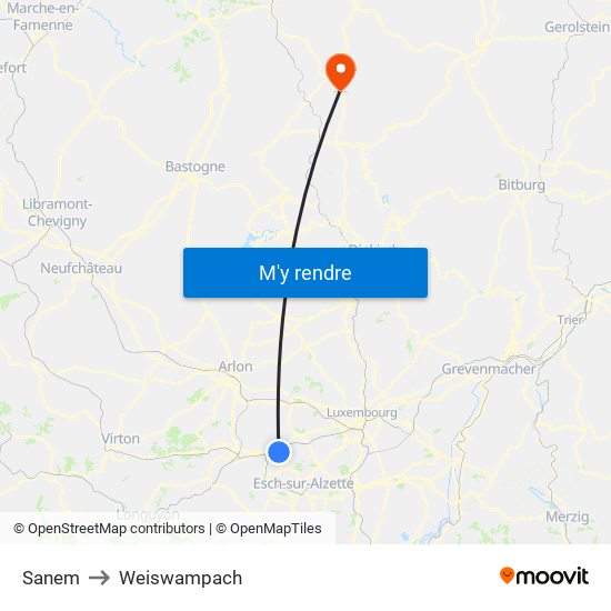 Sanem to Weiswampach map