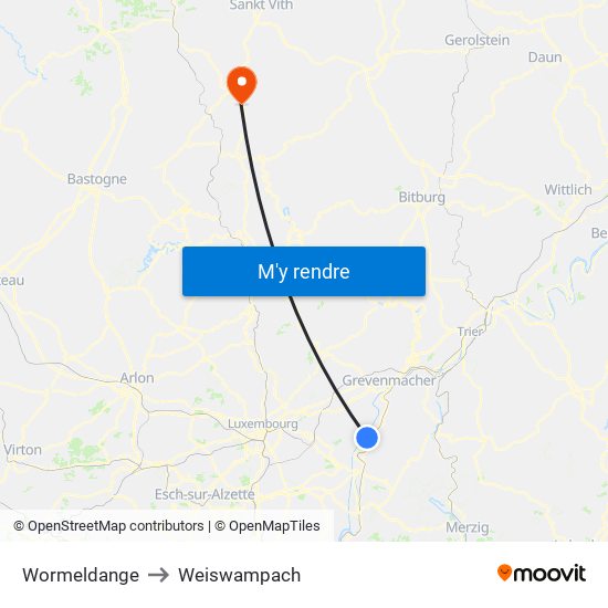 Wormeldange to Weiswampach map