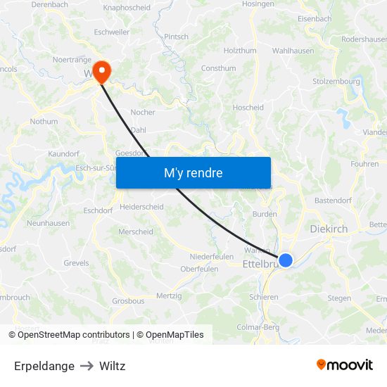 Erpeldange to Wiltz map