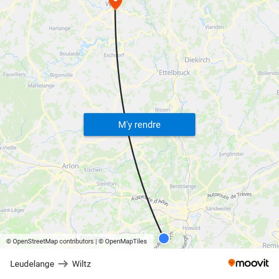 Leudelange to Wiltz map