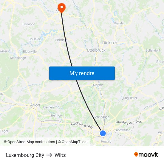 Luxembourg City to Wiltz map