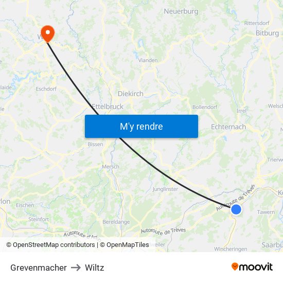 Grevenmacher to Wiltz map