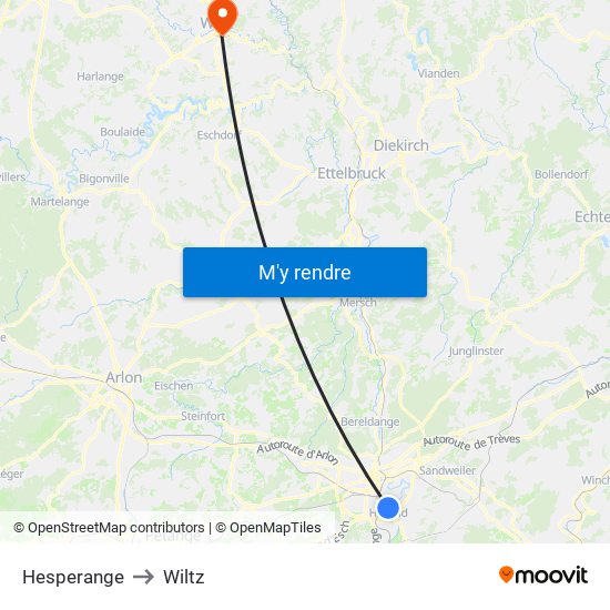 Hesperange to Wiltz map