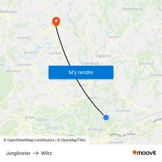 Junglinster to Wiltz map