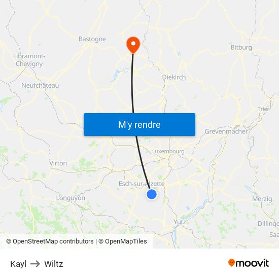 Kayl to Wiltz map