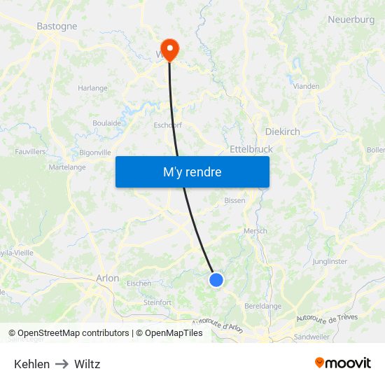 Kehlen to Wiltz map