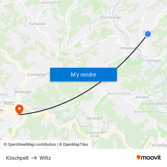 Kiischpelt to Wiltz map