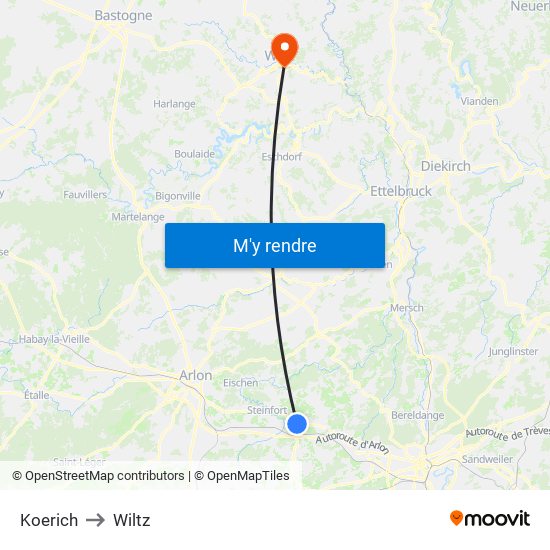 Koerich to Wiltz map