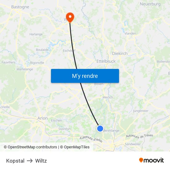 Kopstal to Wiltz map