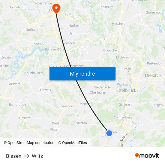 Bissen to Wiltz map