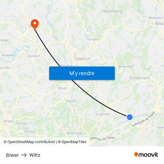 Biwer to Wiltz map