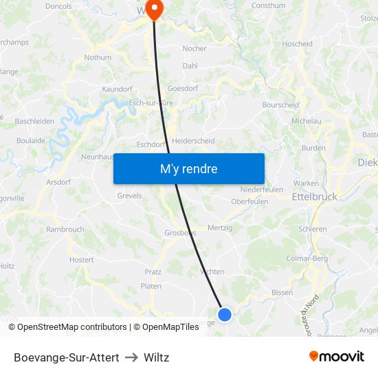 Boevange-Sur-Attert to Wiltz map