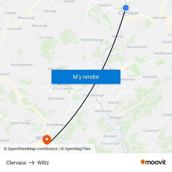 Clervaux to Wiltz map