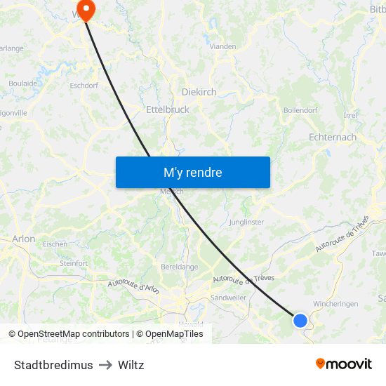 Stadtbredimus to Wiltz map