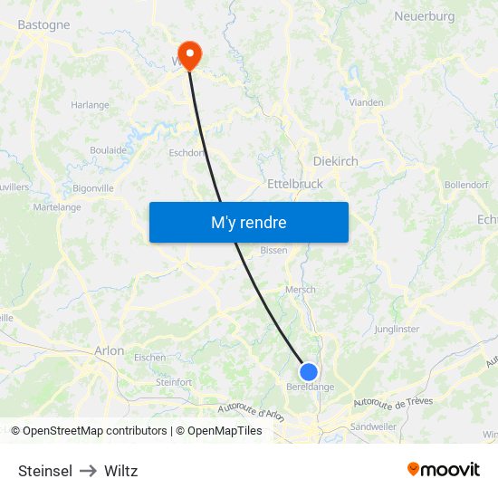 Steinsel to Wiltz map