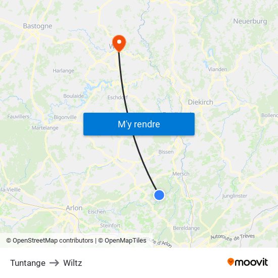 Tuntange to Wiltz map