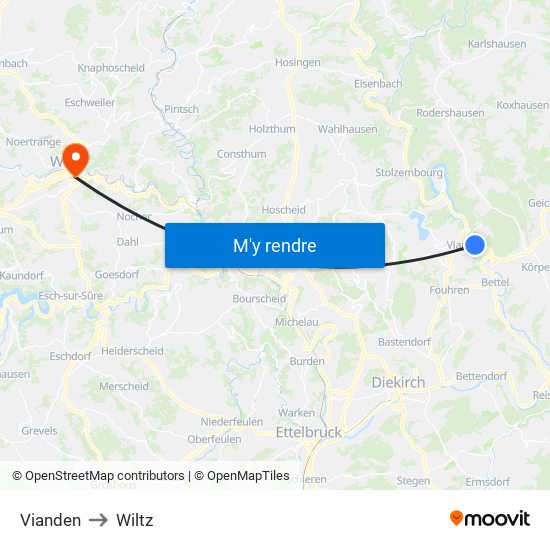 Vianden to Wiltz map
