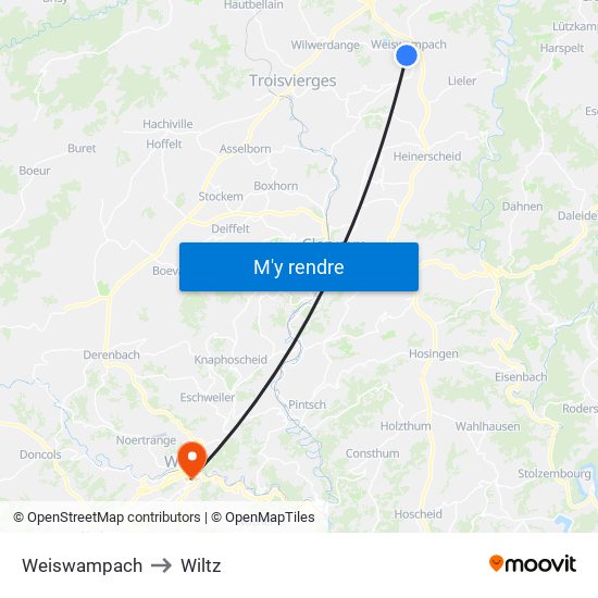 Weiswampach to Wiltz map