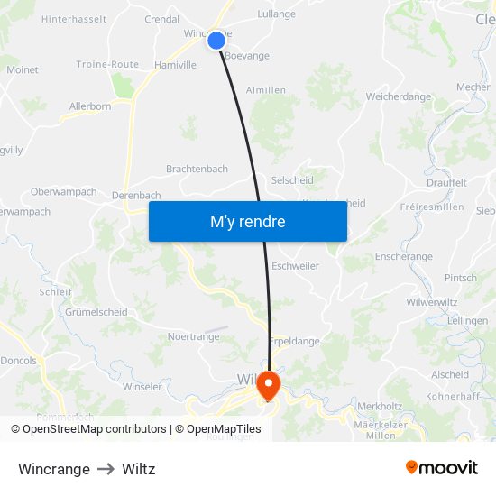 Wincrange to Wiltz map
