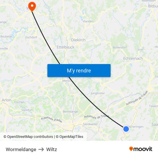 Wormeldange to Wiltz map