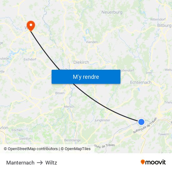 Manternach to Wiltz map