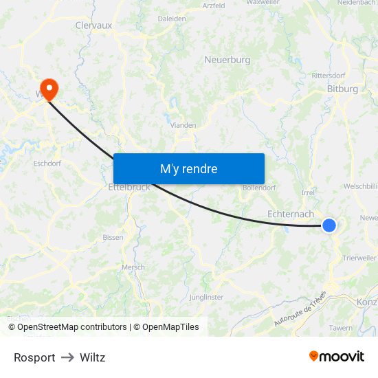 Rosport to Wiltz map