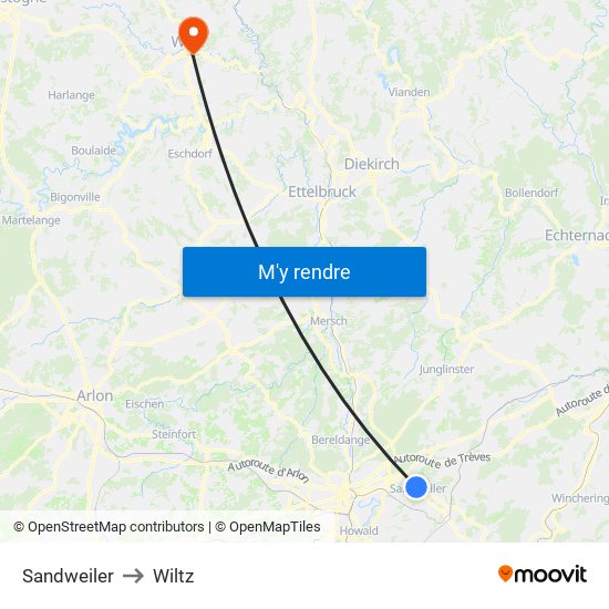 Sandweiler to Wiltz map