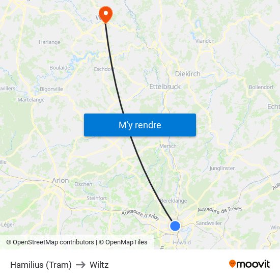 Hamilius (Tram) to Wiltz map