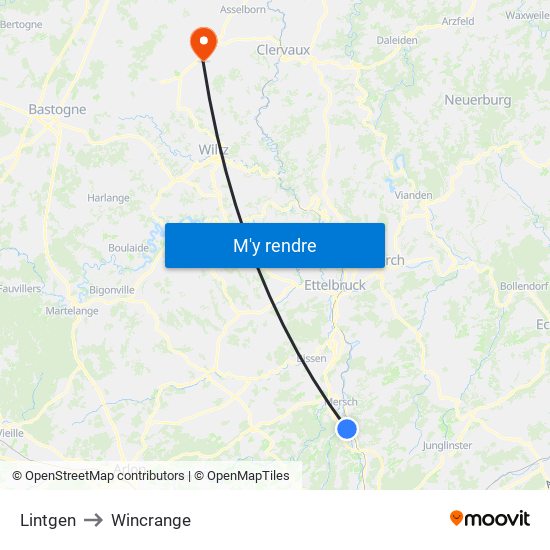 Lintgen to Wincrange map
